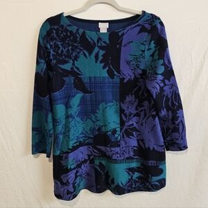 Chico's Cotton Blend Floral Color Block Sweater 3/4 Sleeves Small Purple Black